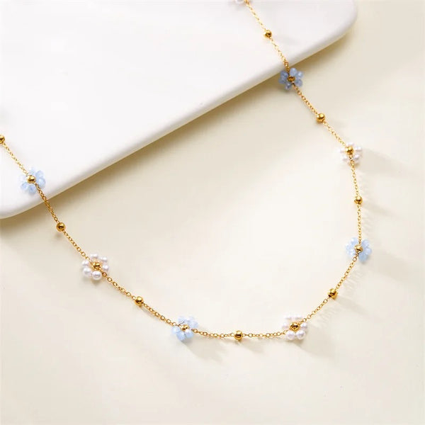 18K Gold Plated Blue-White Floral Necklace