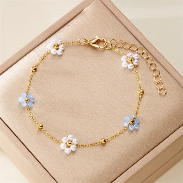 18K Gold Plated Blue-White Floral Bracelet