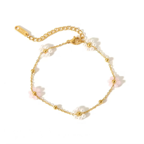 18K Gold Plated Pink White Floral Bracelet