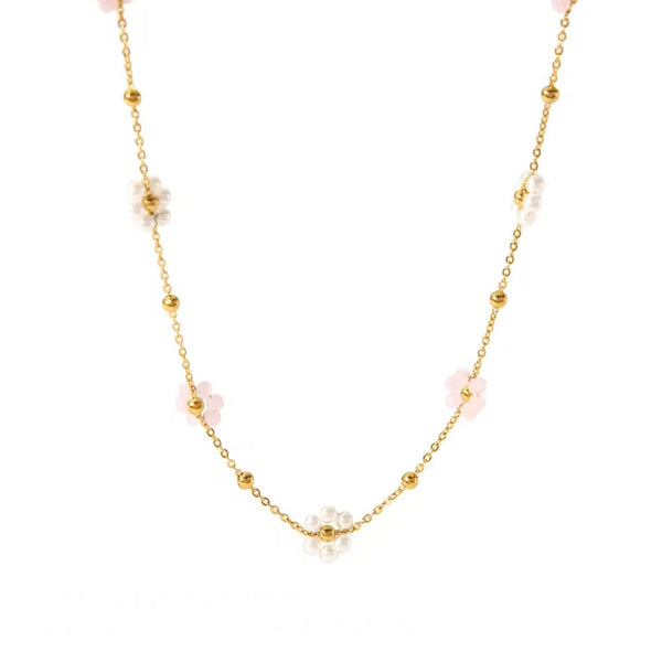 18K Gold Plated Pink White Floral Necklace