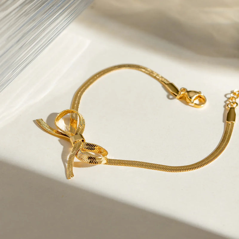 18K Gold Plated Herringbone Bow Bracelet