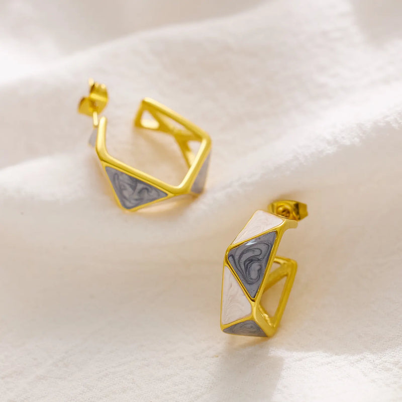 18K Gold Plated Blue White Enamel Hoops