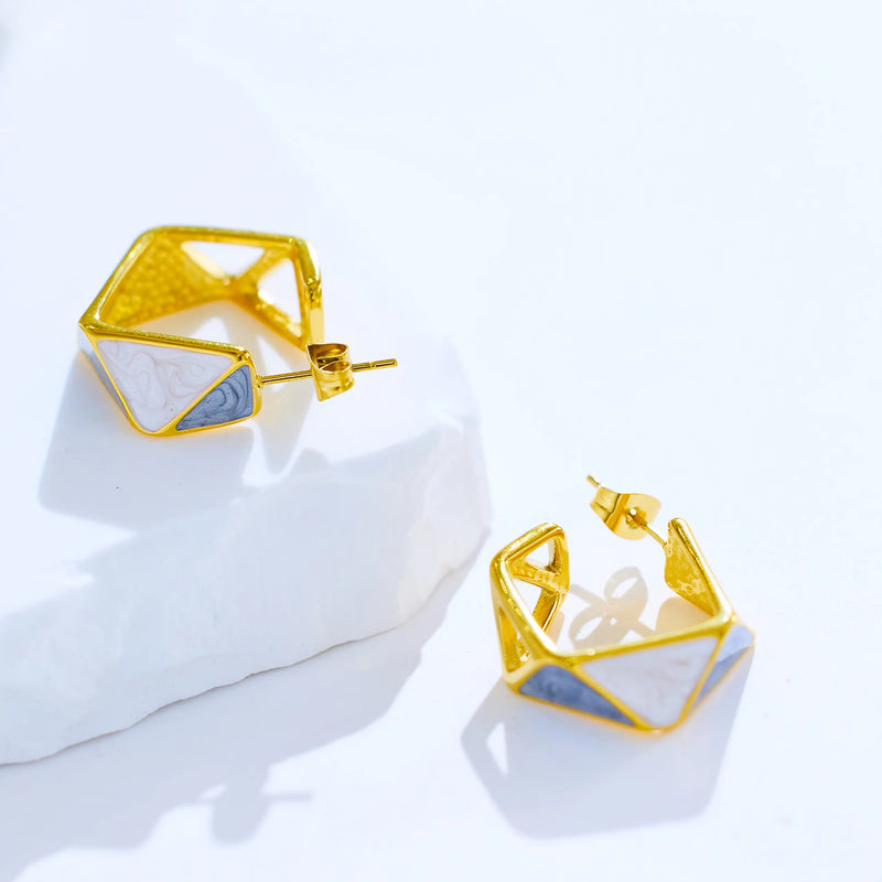 18K Gold Plated Blue White Enamel Hoops