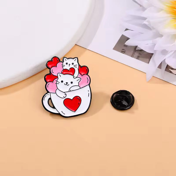 Hearts And Cats Brooch Enamel Pin