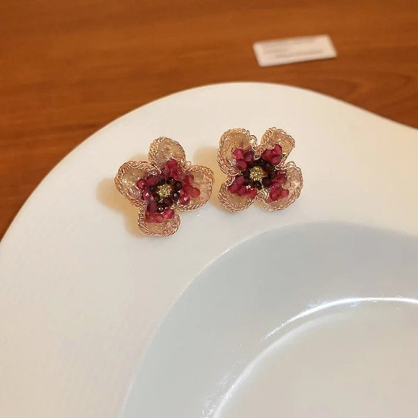 Maroon Floral Studs