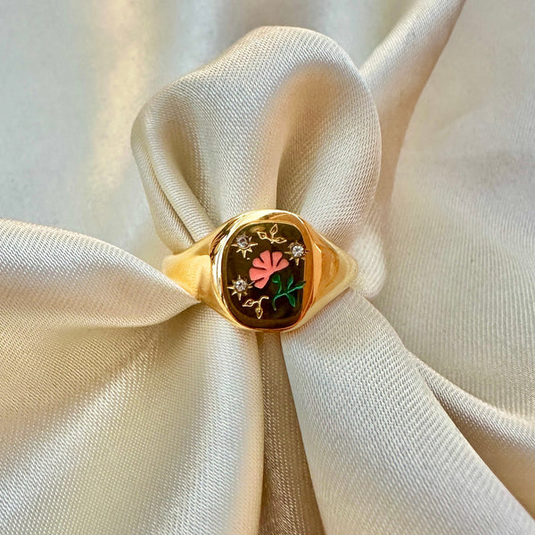 18K Gold Plated Red Carnation Stamp Ring