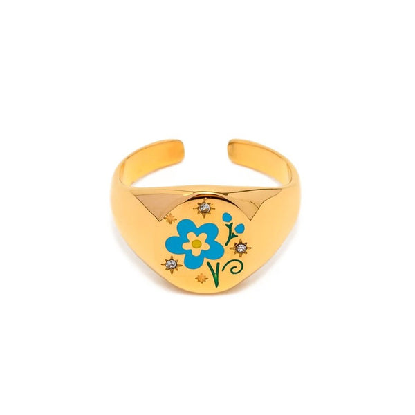 18K Gold Plated Blue Floral Stamp Ring