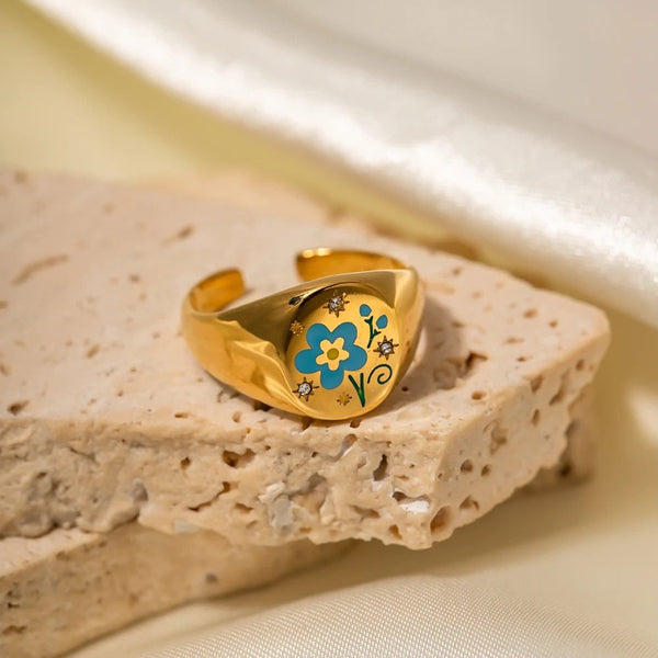 18K Gold Plated Blue Floral Stamp Ring